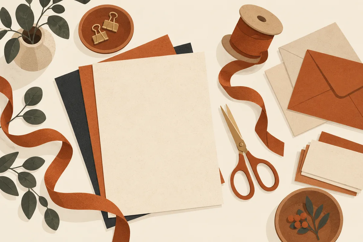 Illustration seen from above of a table with sheets of writing paper, envelopes, a spool of ribbon and scissors