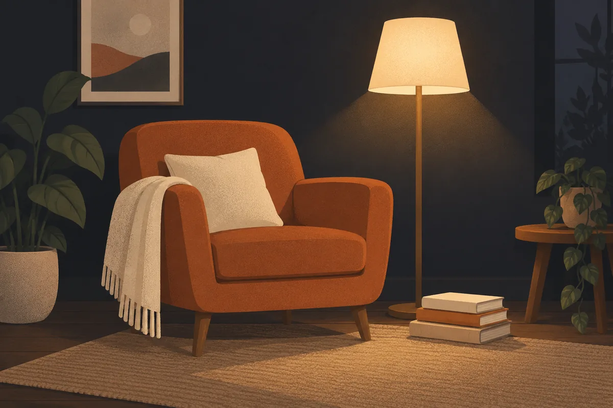 Illustration of a rust-coloured armchair with a cushion and a throw, beside a lit floor lamp, with a small stack of books on the rug
