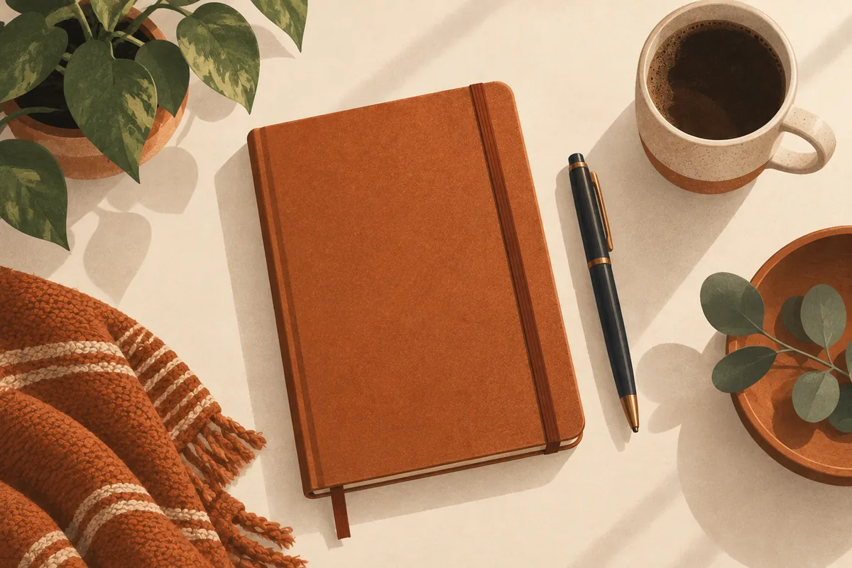 Illustration seen from above of a closed rust-coloured notebook with an elastic band and a dark pen on a pale desk, beside a cup of coffee and a plant