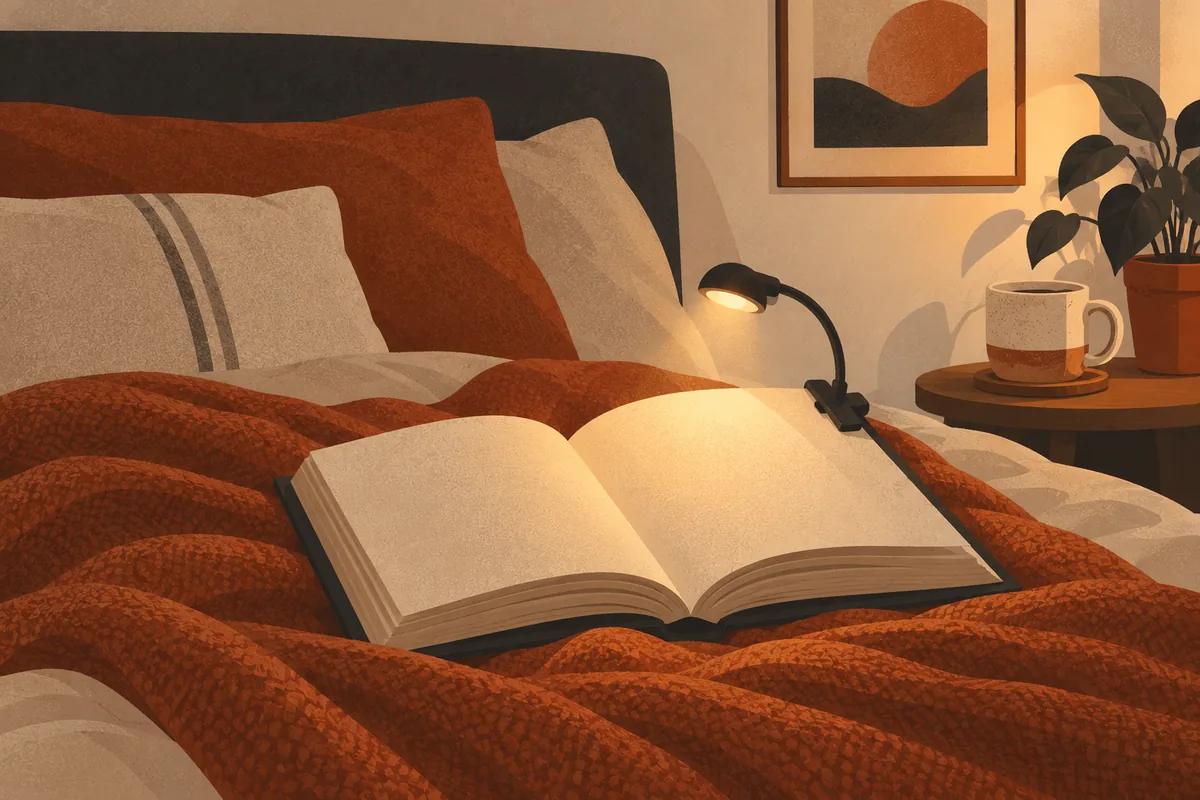 Illustration of an open book lying on a bed under a rust blanket, lit by a small clip-on reading light, with a mug on the bedside table