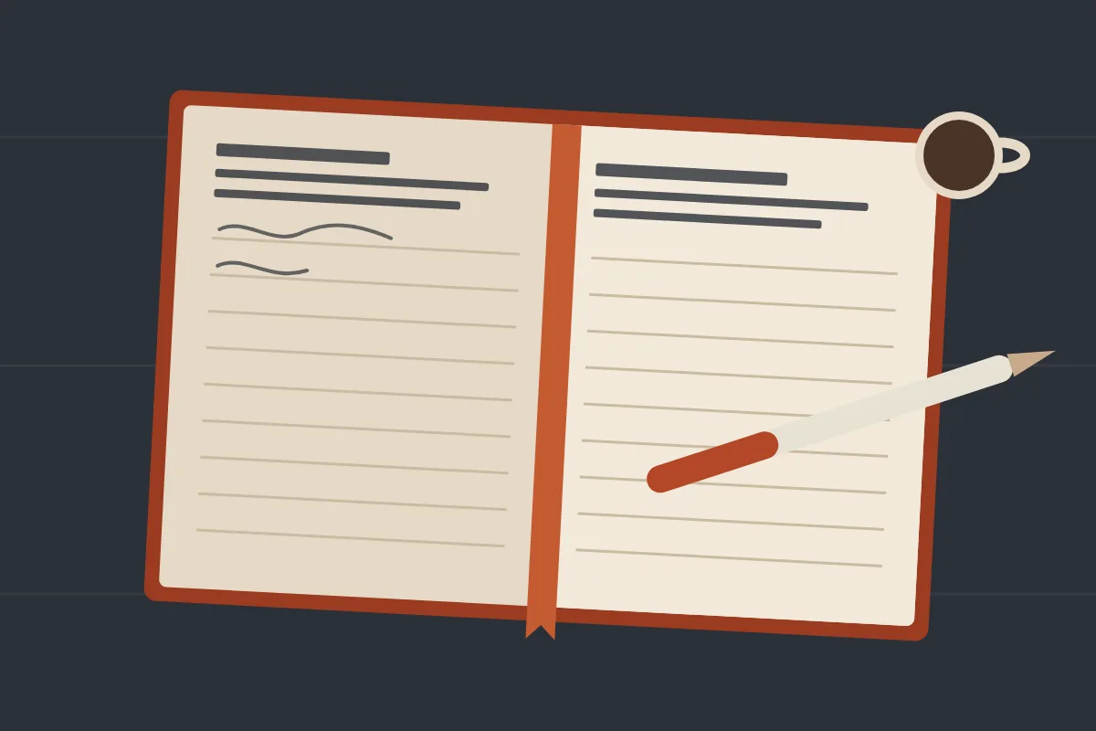 Illustration from above of an open journal with lined pages and a ribbon bookmark on a dark desk, with a pencil lying across it and a cup of coffee in the corner