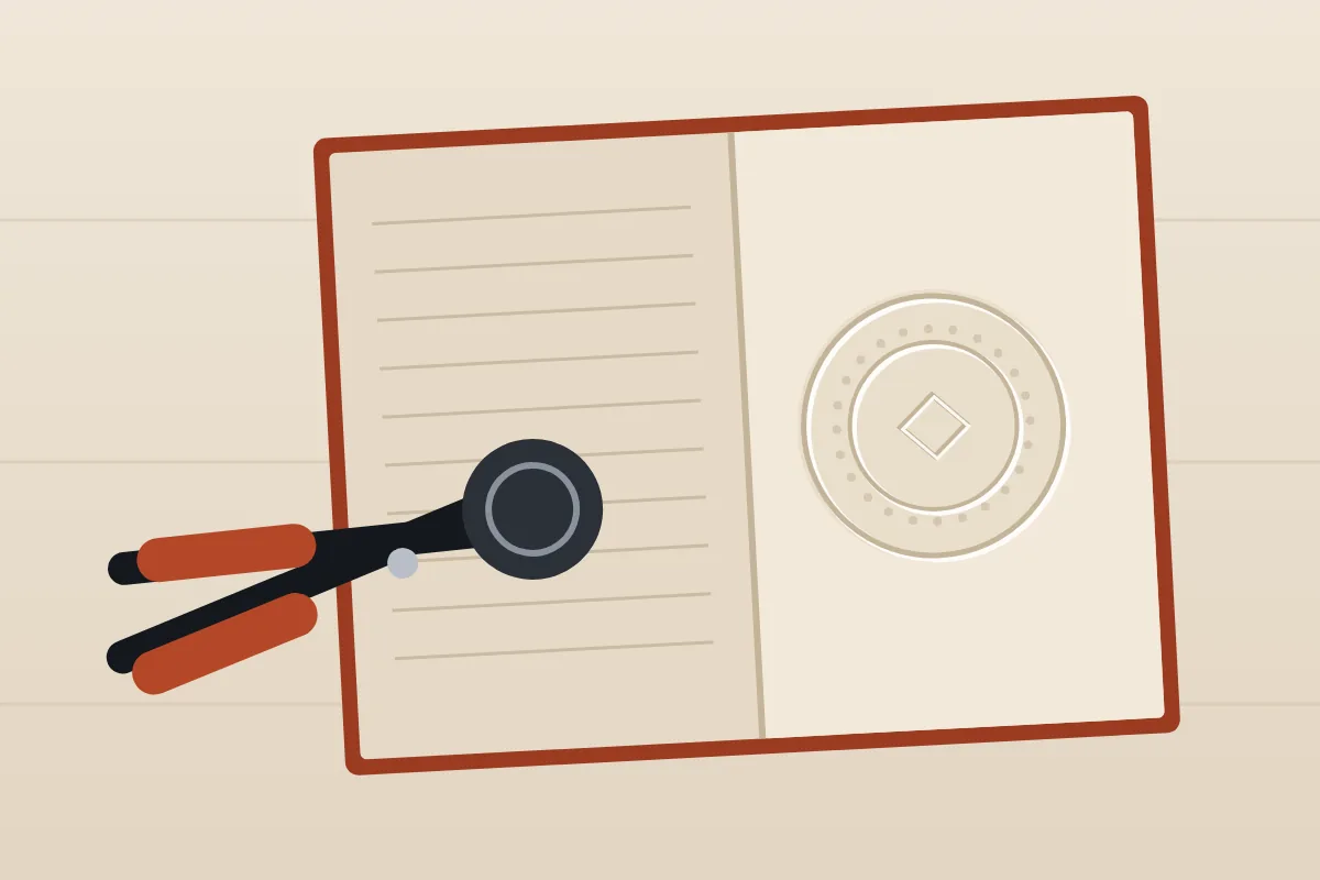 Illustration from above of an open book with a round raised seal pressed into the right-hand page, beside a hand embosser with rust-coloured grips on a pale desk