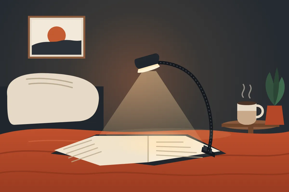 Illustration of an open book on a bed under a rust-coloured blanket, lit by a clip-on reading light with a flexible neck