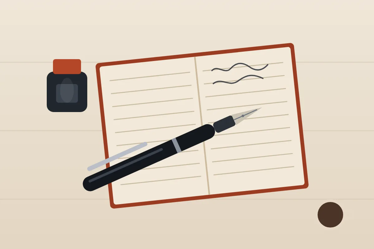 Illustration from above of a black fountain pen lying across an open notebook with lined pages, beside a closed bottle of ink and a cup of coffee on a pale desk