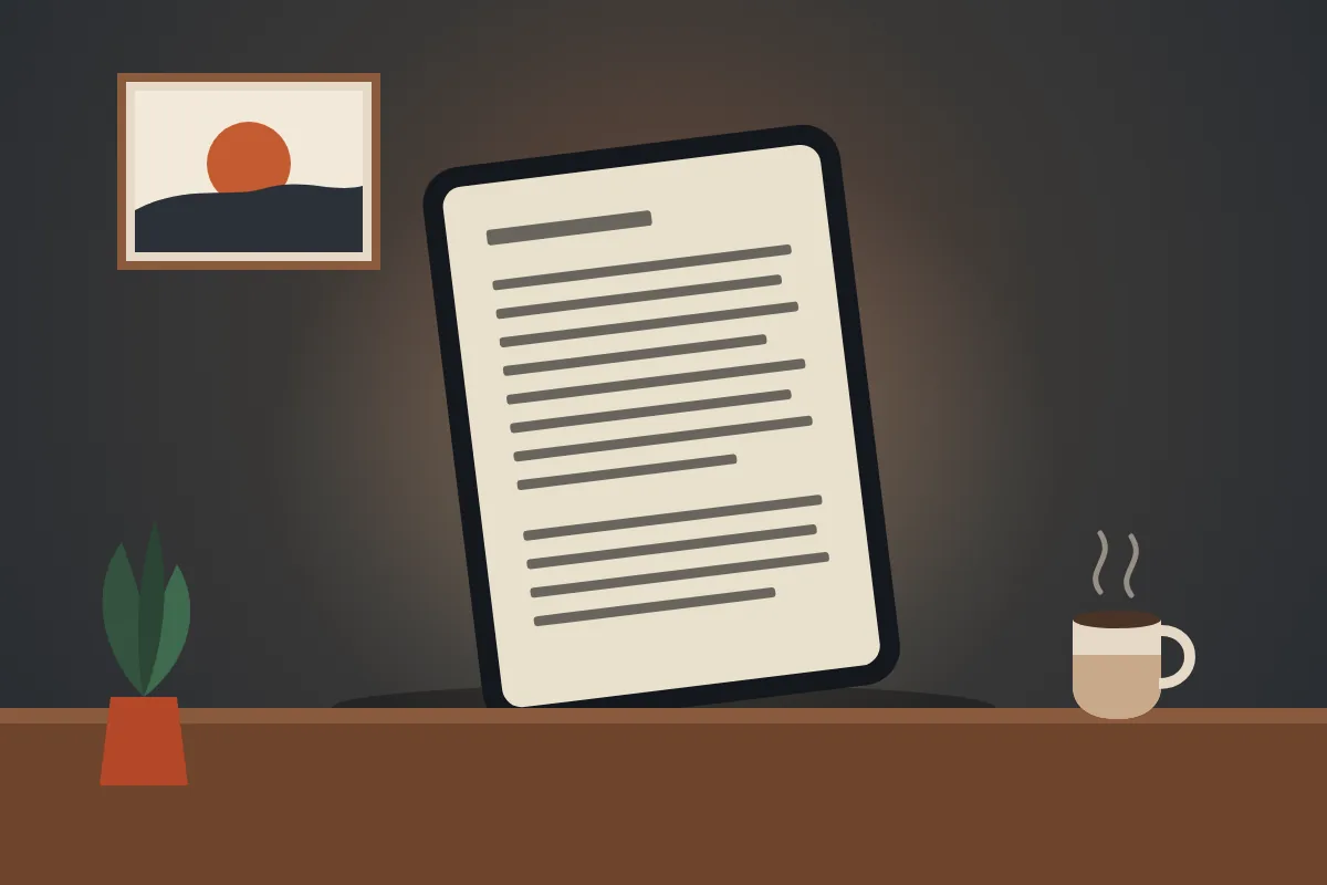 Illustration of a generic e-reader with a page of text on its screen, leaning on a wooden bedside table beside a mug and a plant