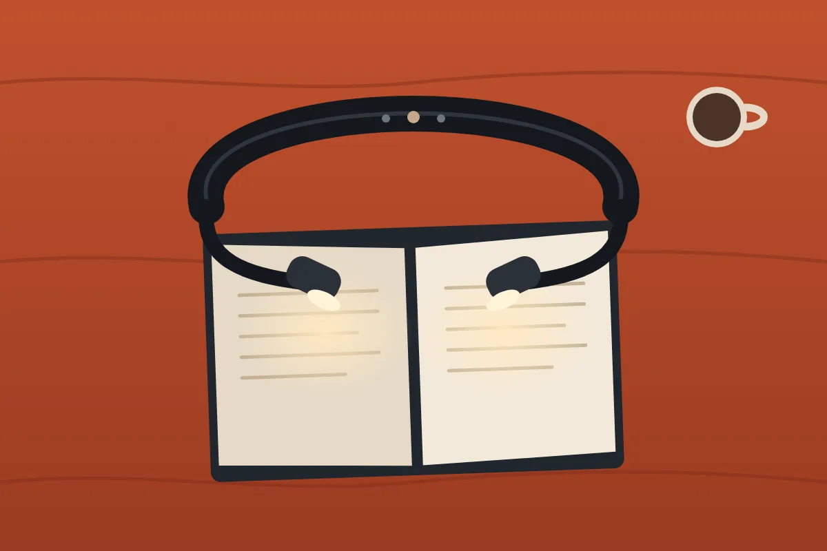 Illustration from above of an open book on a rust blanket, lit by two small lights on the bendable arms of a neck reading light that arches over the top of the pages
