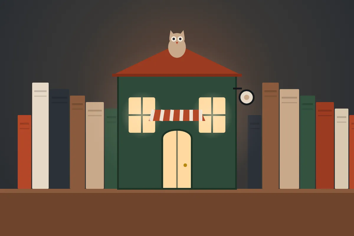 Illustration of a small dark green shopfront with lit windows, a striped awning, a glowing door and an owl on the roof, standing in a gap between two rows of books