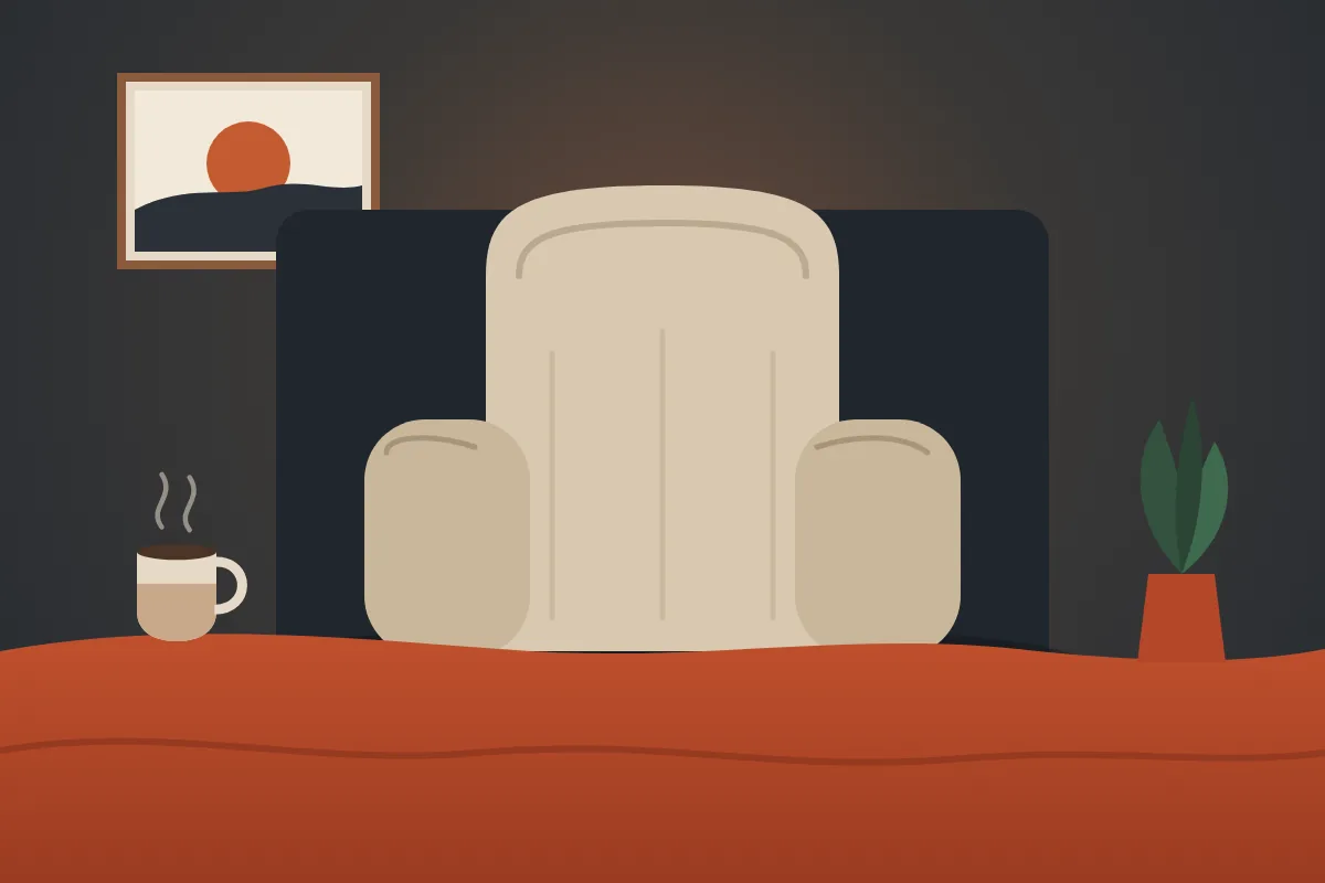 Illustration of a cream backrest pillow with two padded arms, standing upright against a dark headboard on a rust blanket, with a plant and a mug beside the bed