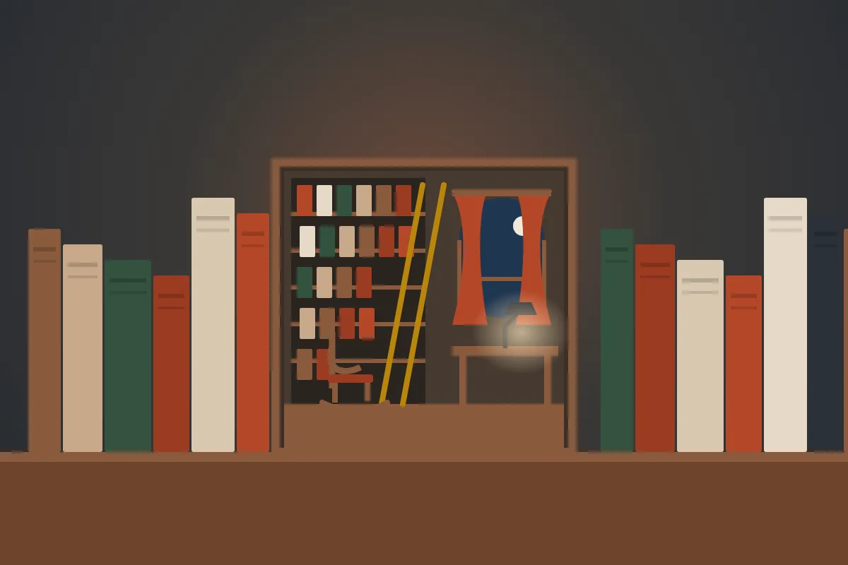 Illustration of a tiny study between two rows of books, with shelves and a ladder, a window with a curtain, a desk with a glowing lamp and a small rocking chair